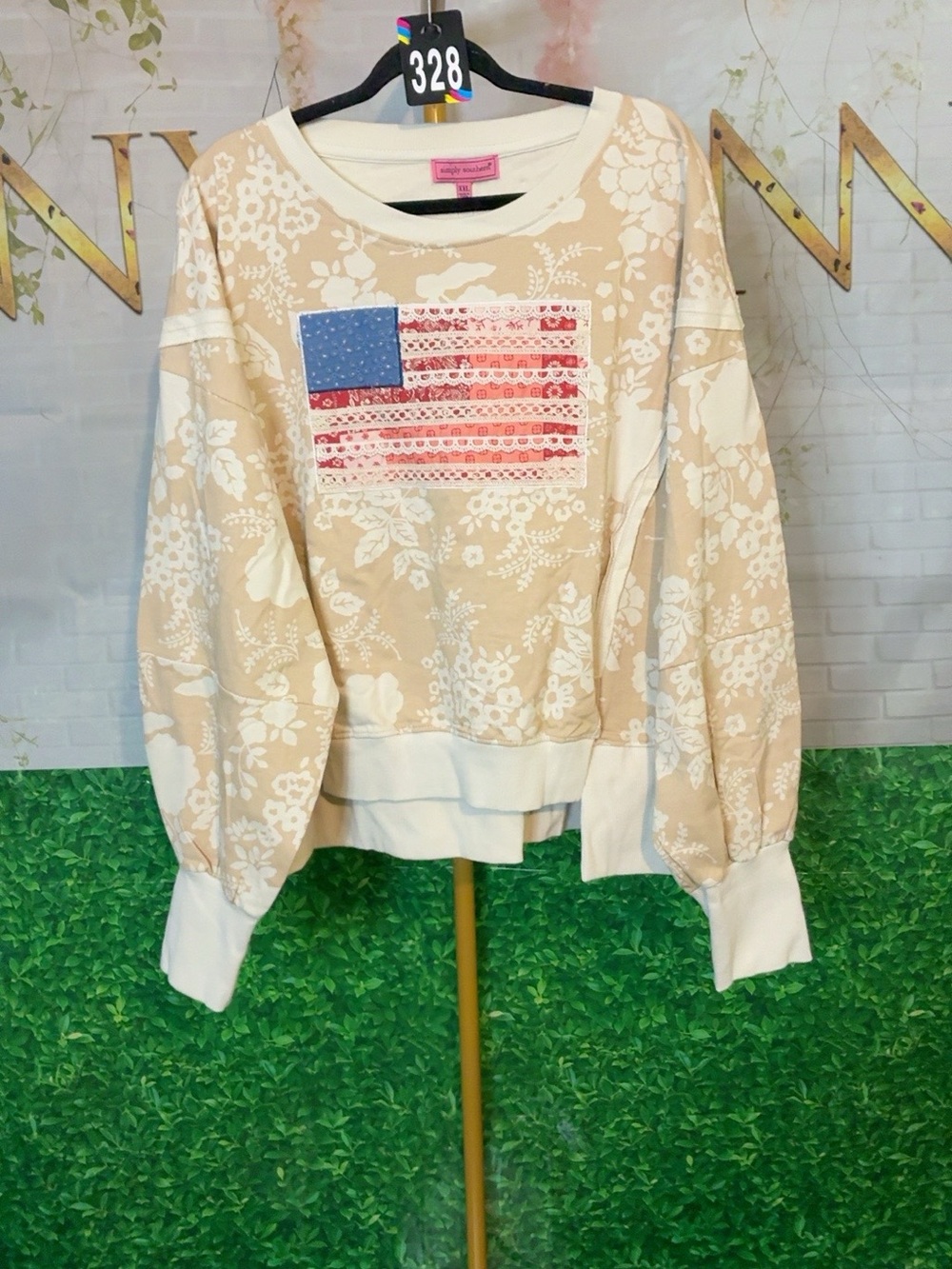 Simply Southern Floral Print Beige Pullover sweatshirt with Flag Detail - Picture 2 of 6